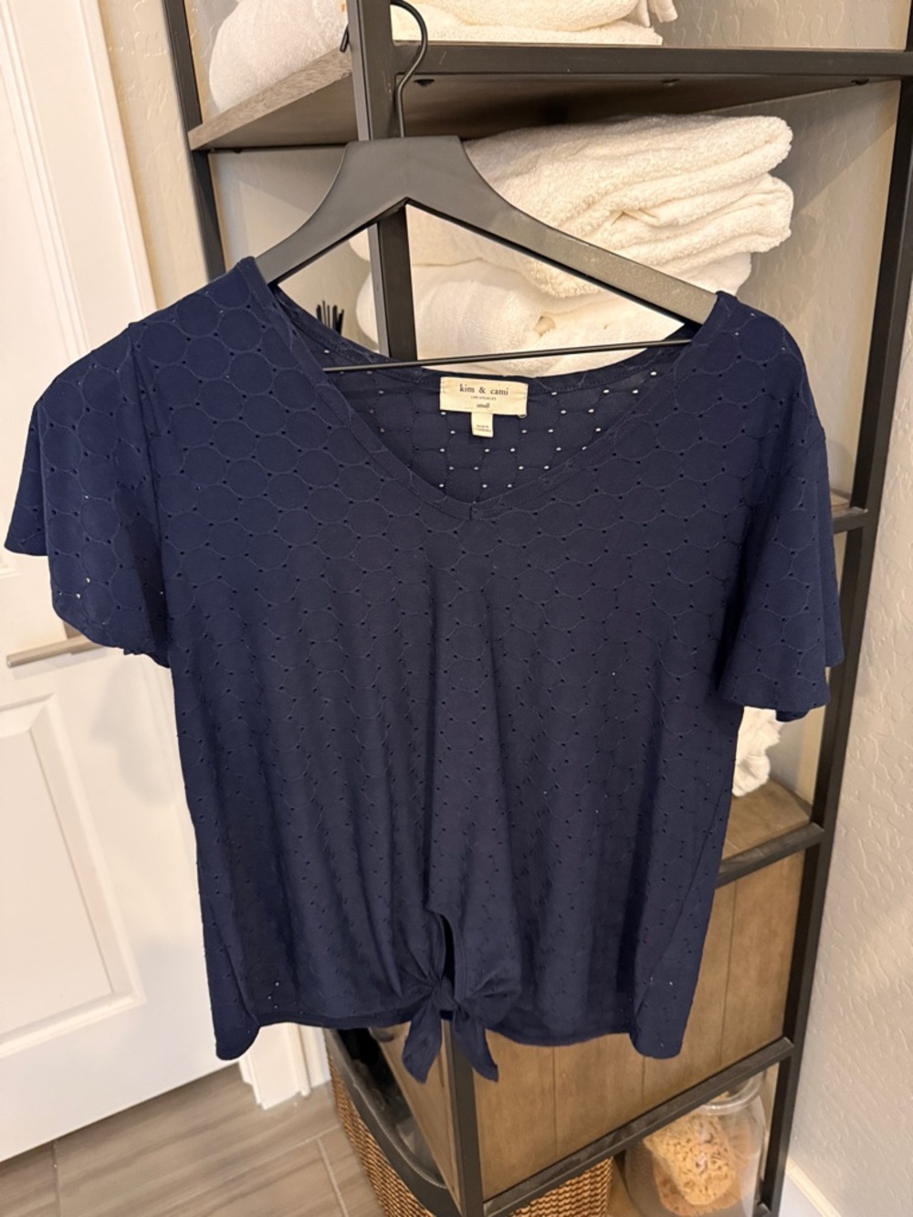 Kim & Cami Navy Eyelet Tie-Front Short Sleeve Tee